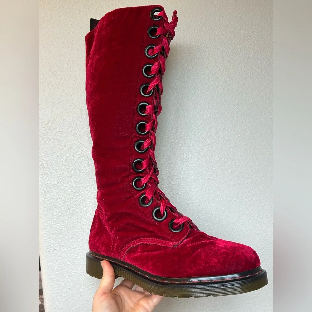RARE Dr Martens red velvet  20 eye tall knee high zip Combat boots Men10 Women11 - Picture 4 of 16